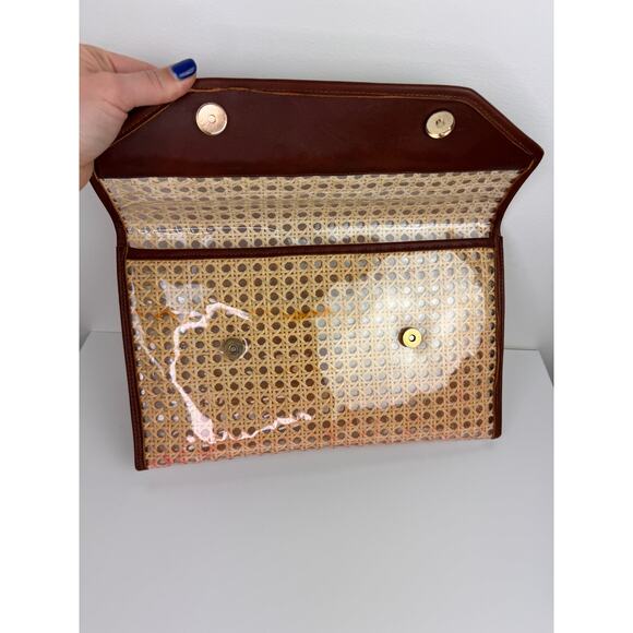 VINTAGE Raffia Rattan Leather Trim Woven Clutch Purse Handbag & Zip Pouch Bag - Picture 13 of 16